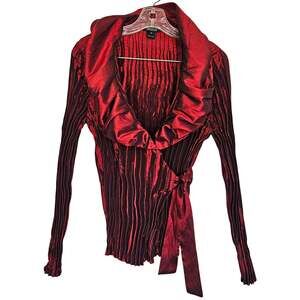 Burgundy Medium Metallic Crinkle Blouse Side Tie Waist Wrap Shawl Collar 90s Y2K